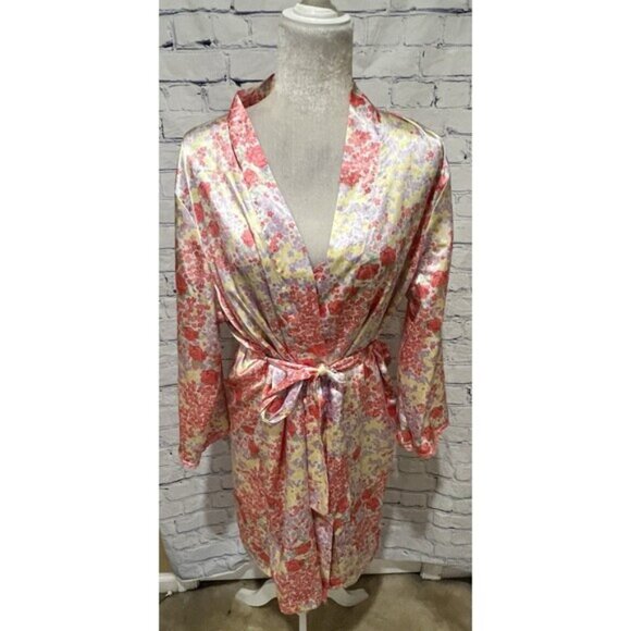 Adonna Vintage Satin Nightgown & Robe Pink Floral Silky Belted Size Large - Picture 11 of 16